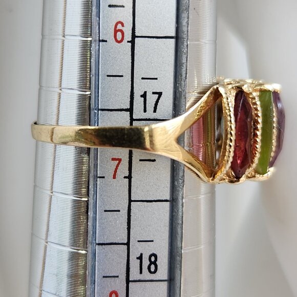 VTG "PJT 14K 585" 14k Yellow Gold Garnet Peridot Topaz & Amethyst Ring Sz 7 - Picture 10 of 10